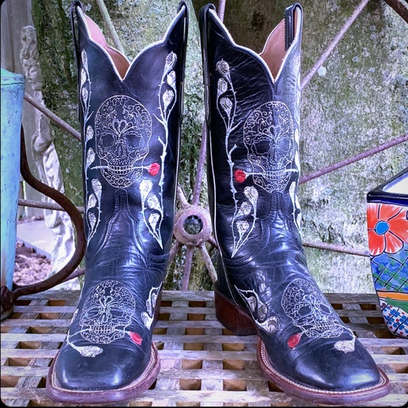 Skull Roses Square Cowboy Boots 